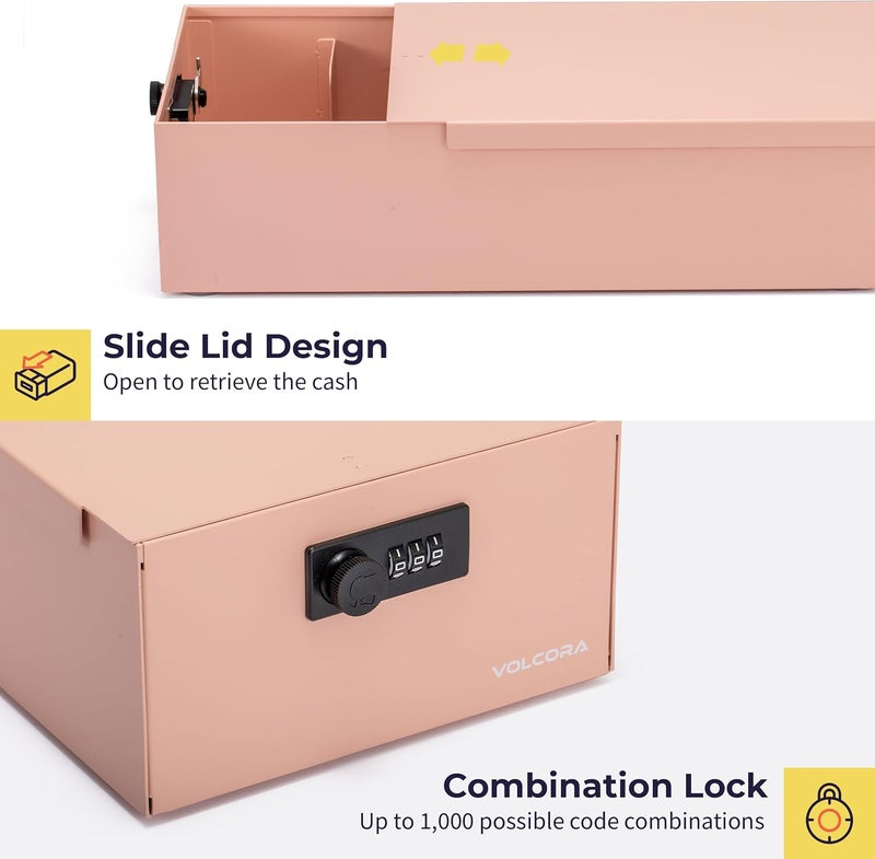 Volcora Cash Box Money Organizer - 15” x 7.5” x 4” Cashbox 5 Compartments Drawer Tray - Bills and Coin Slot with Combination Lock for POS Register, Kiosk, Retail, Personal and Business Use, Pink - Image 4